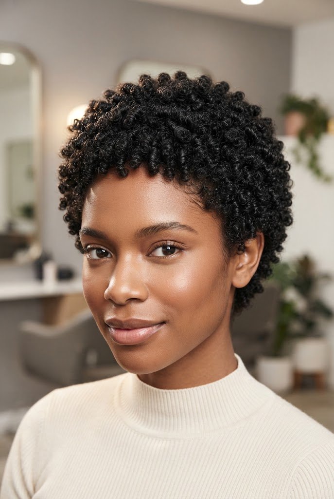 Defined Teeny Weeny Afro (TWA) — short Afro-textured curly hairstyles style outfit
