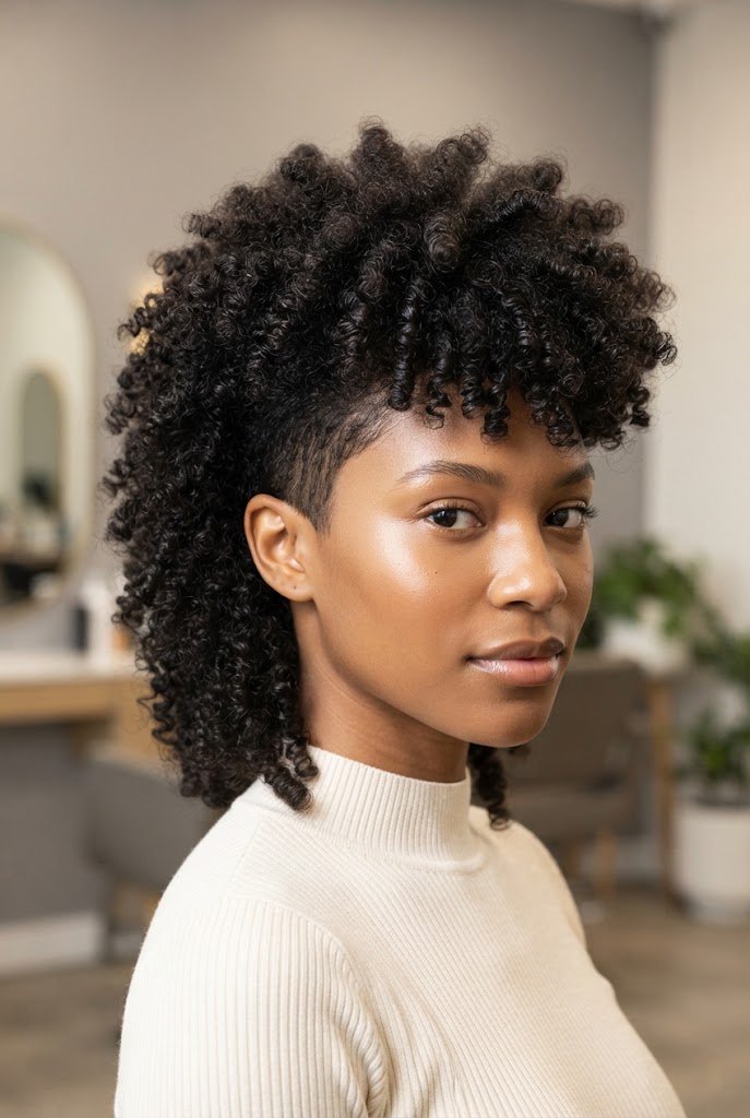 Voluminous Curly Afro Mullet — short Afro-textured curly hairstyles style outfit