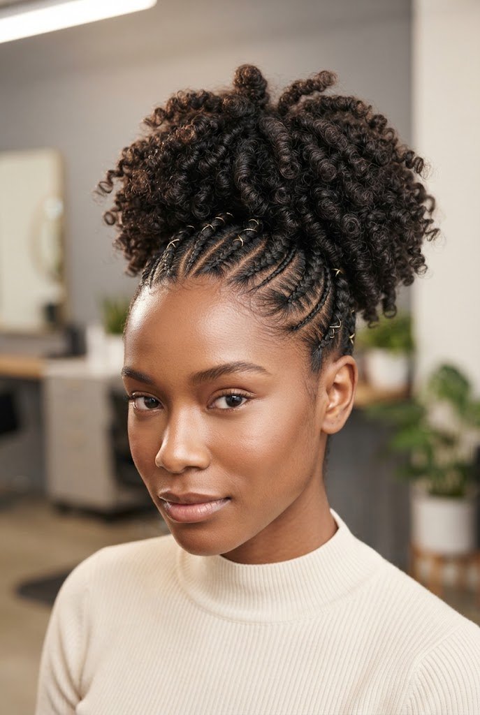 Crown Cornrows into a Curly Puff — short Afro-textured curly hairstyles style outfit
