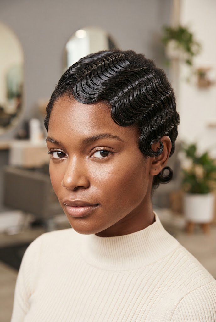 Side-Parted Sculpted Finger Waves — short Afro-textured curly hairstyles style outfit