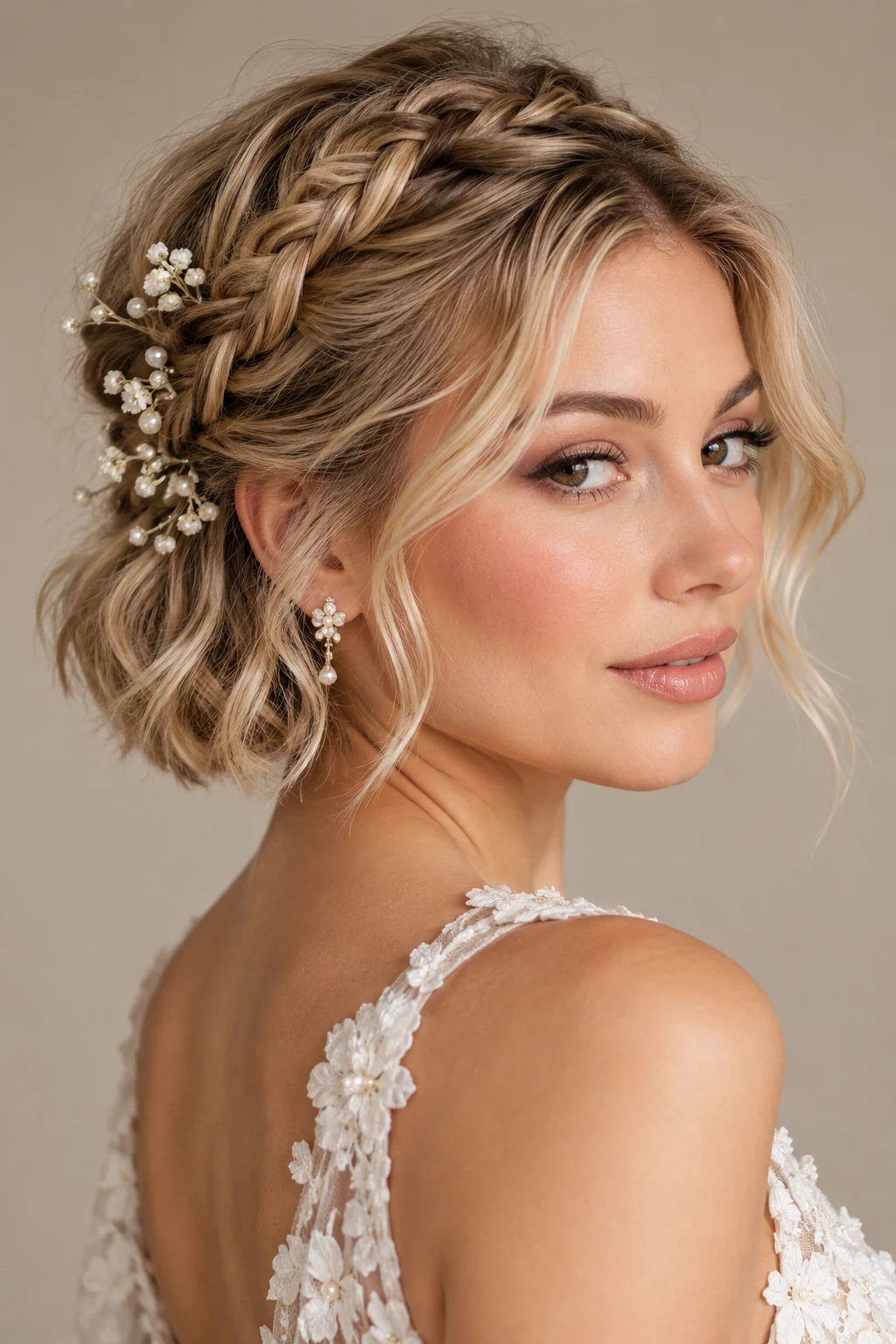 Mini Braided Crown Bob — short bridal hairstyles style outfit