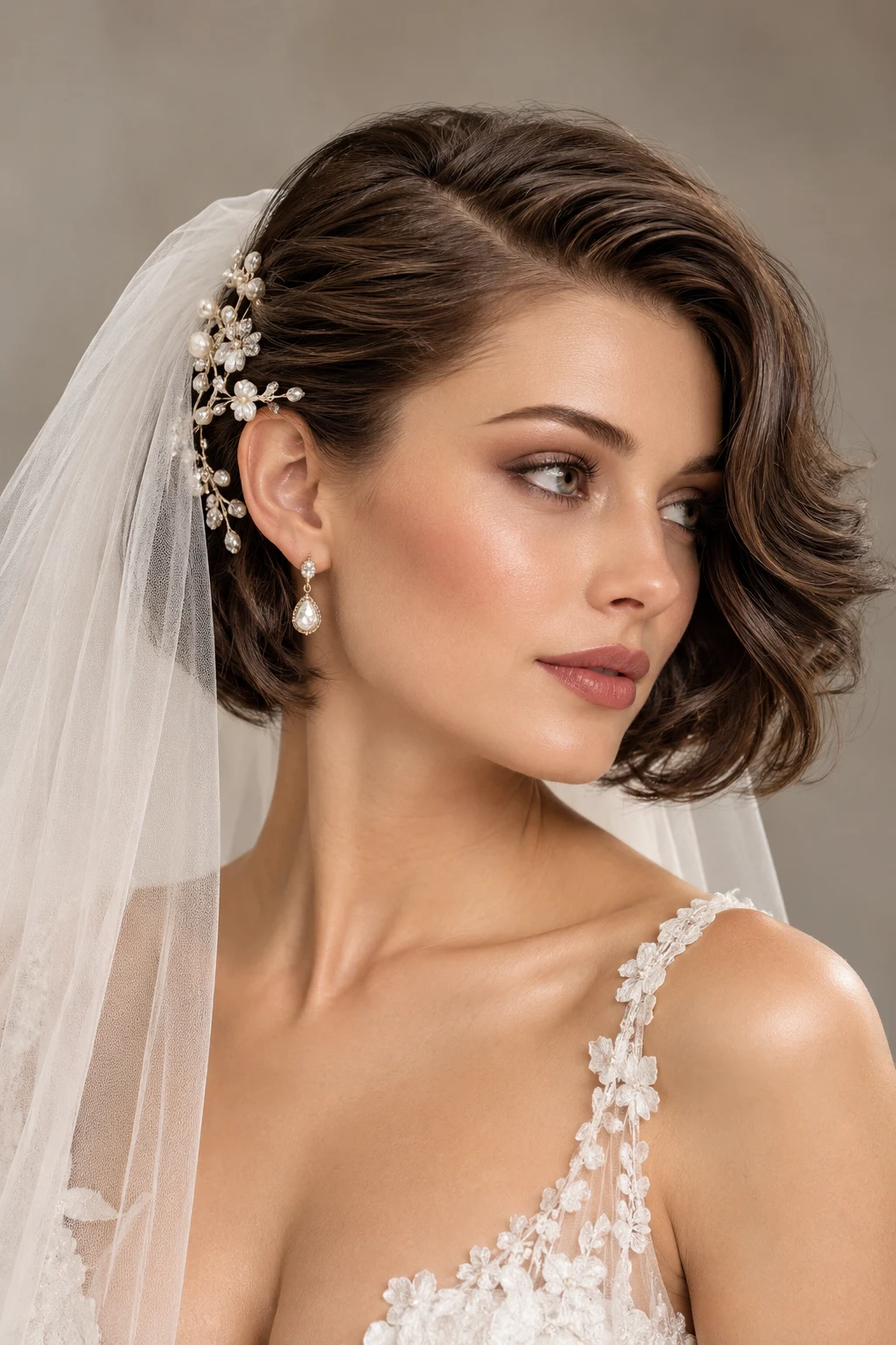 Short Bridal Hairstyles With Veil and Deep Side Part — short bridal hairstyles style outfit