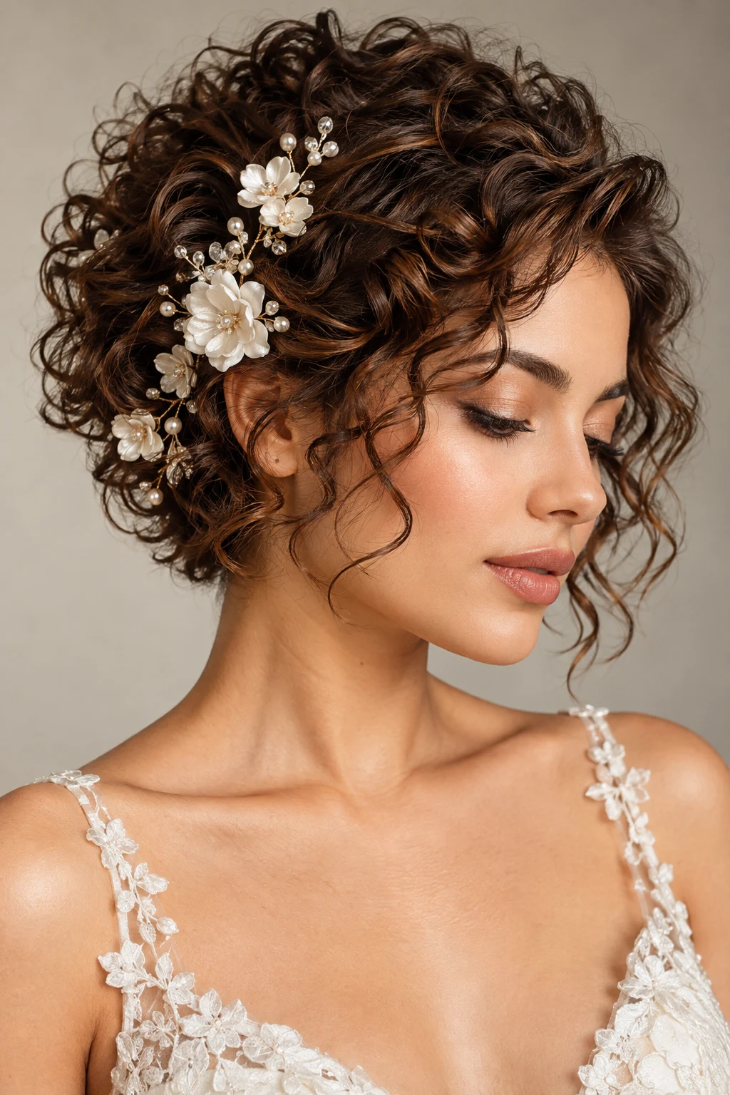 Curly Short Cut With Floral Pins — short bridal hairstyles style outfit