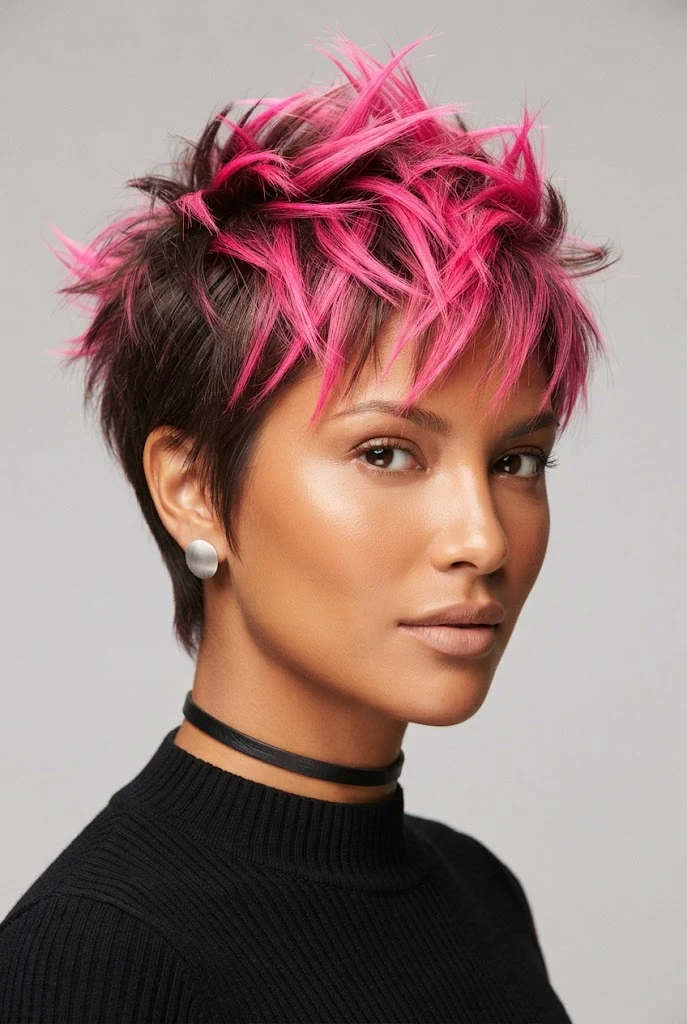 Edgy Neon Pink Spike — short hair inspiration style outfit