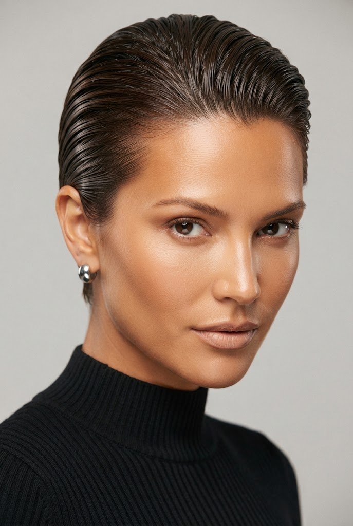 Swept-Back Wet-Look Crop — short hair inspiration style outfit