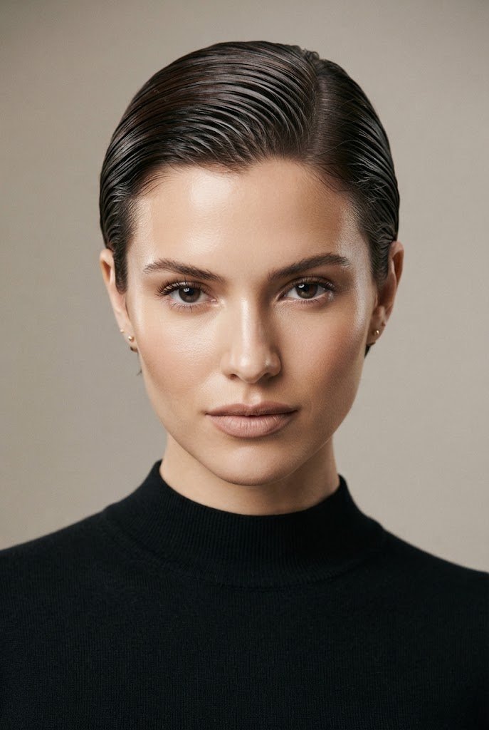 Slicked-Back Wet Look — short hair inspiration style outfit
