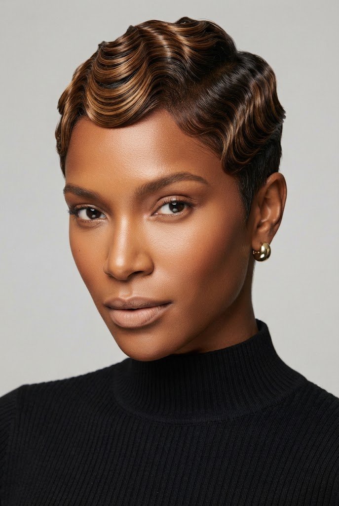 Golden-Brown Finger-Wave Pixie — short hair inspiration style outfit