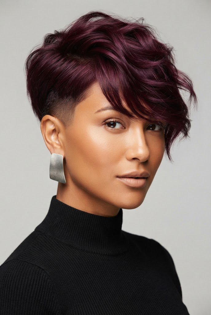 Bold Burgundy Asymmetrical Crop: Short Hair Inspiration — short hair inspiration style outfit