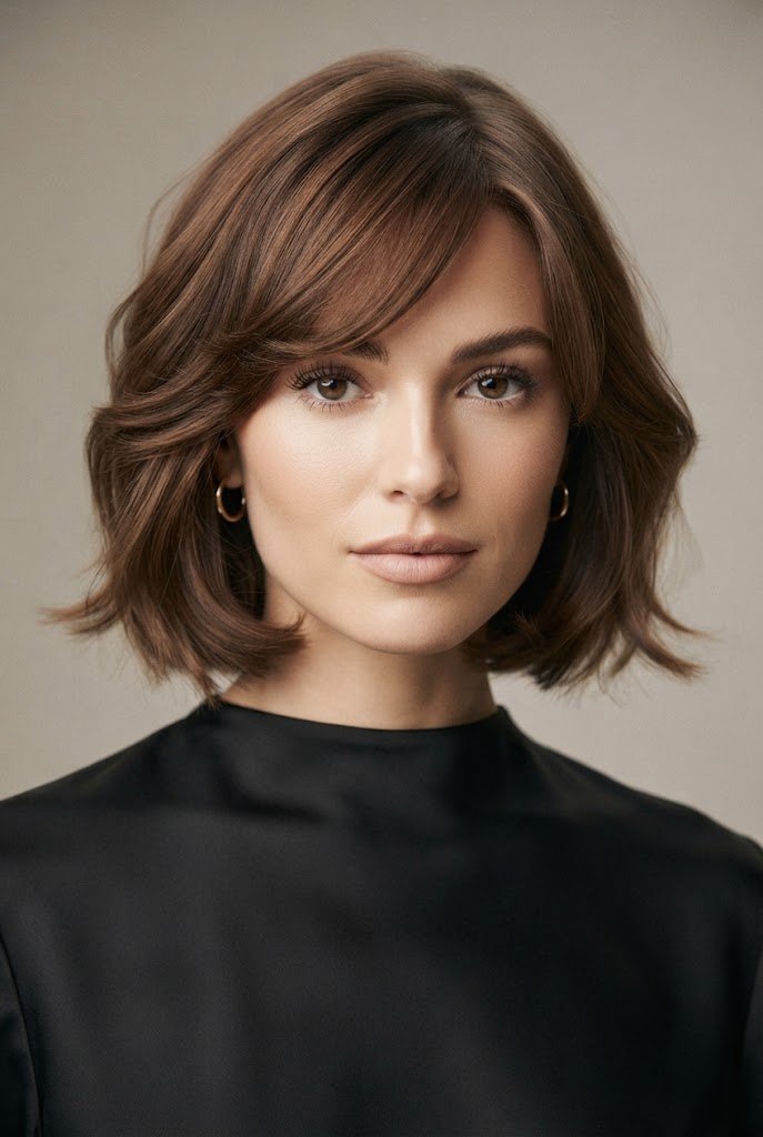 Softly Swept Side Fringe Bob — short hair inspiration style outfit