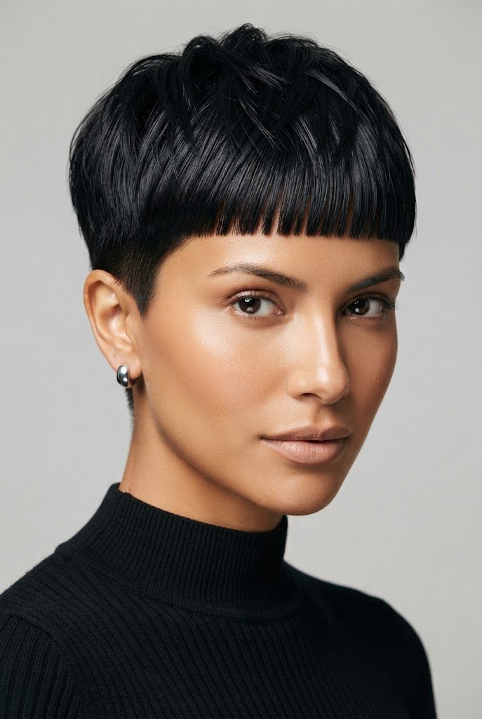 Jet-Black Micro-Fringe Crop — short hair inspiration style outfit