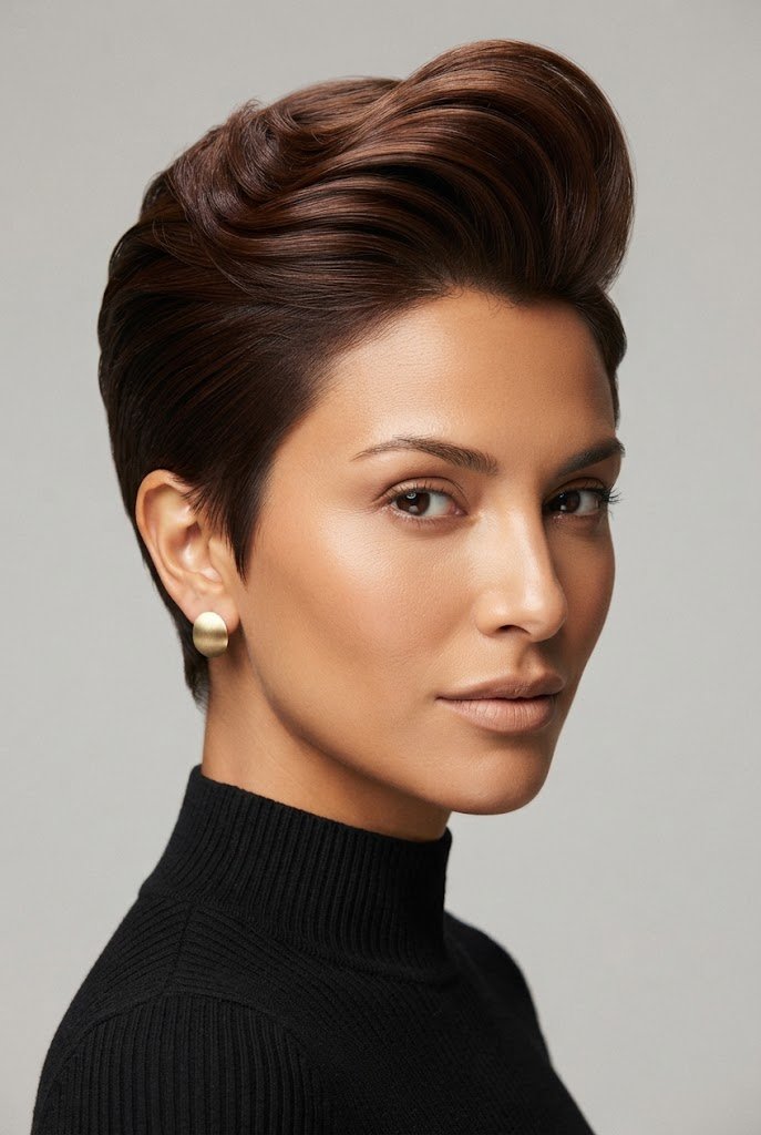 Polished Chestnut Quiff — short hair inspiration style outfit