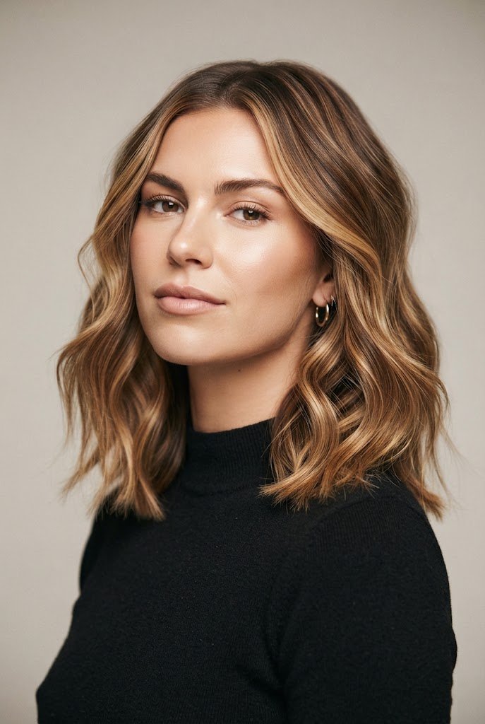 Wavy Lob with Honey Highlights — short hair inspiration style outfit