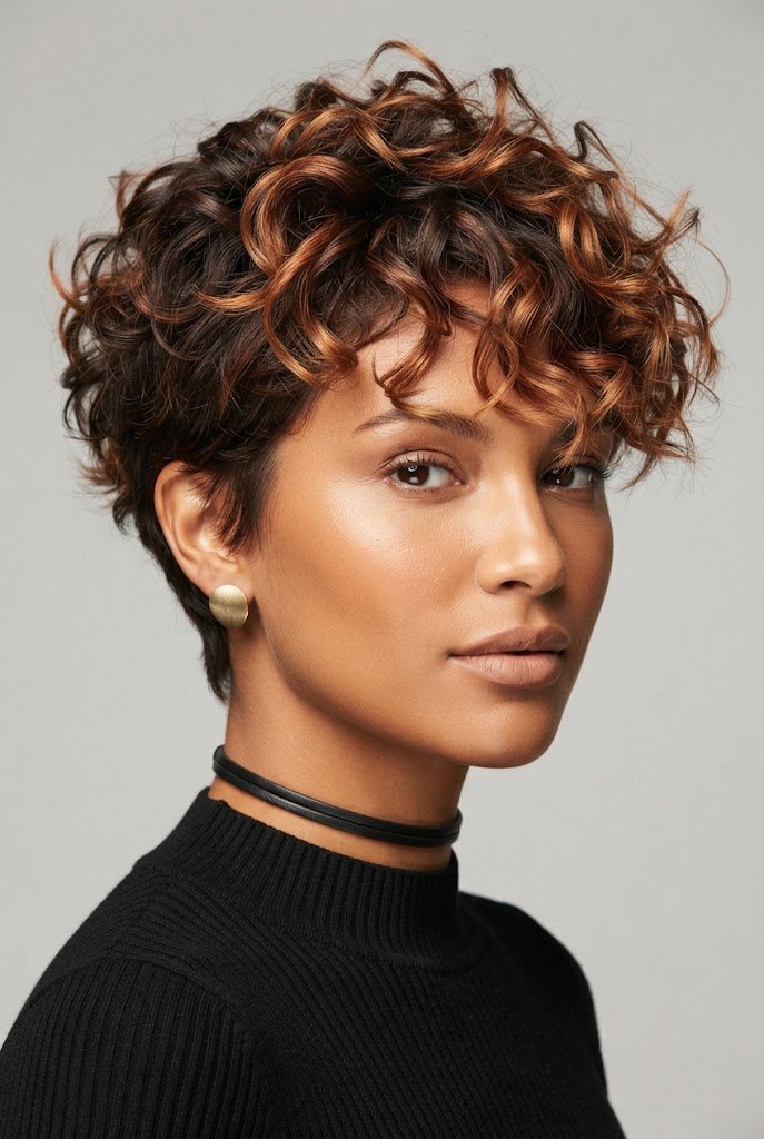 Tousled Copper Curly Crop — short hair inspiration style outfit