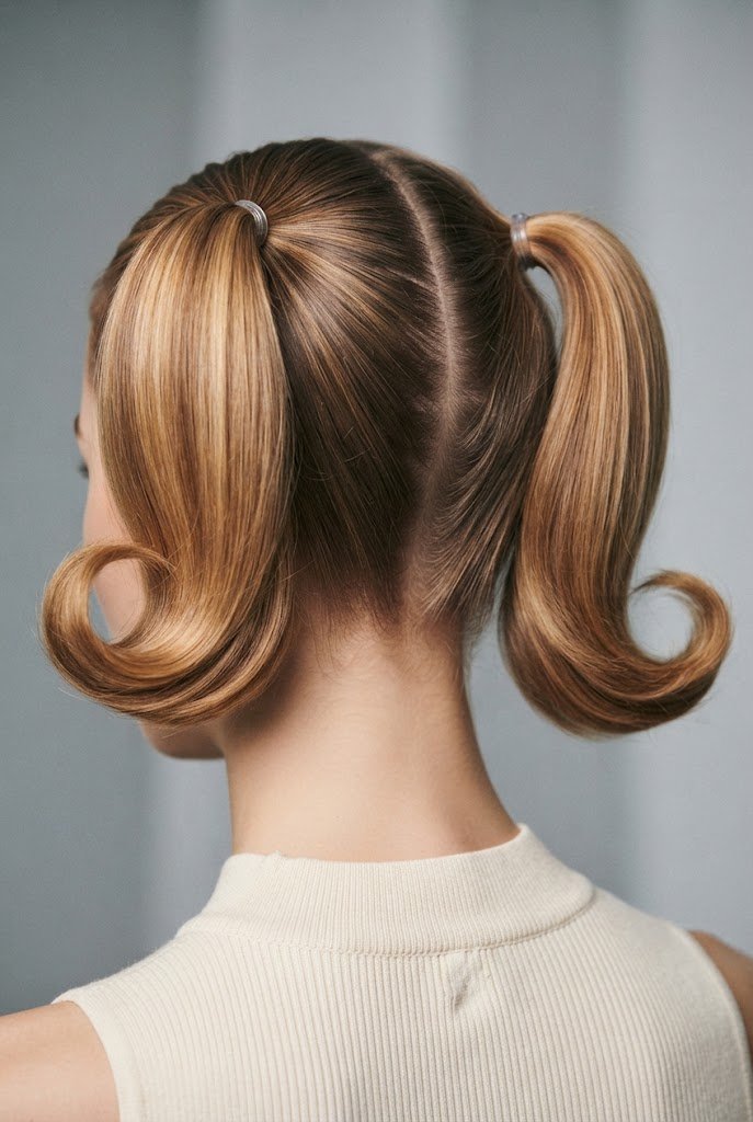 The Retro Flip Twin Ponies — short hair two ponytails style outfit