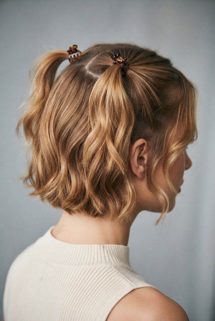 The Claw-Clamped Mini Ponies — short hair two ponytails style outfit
