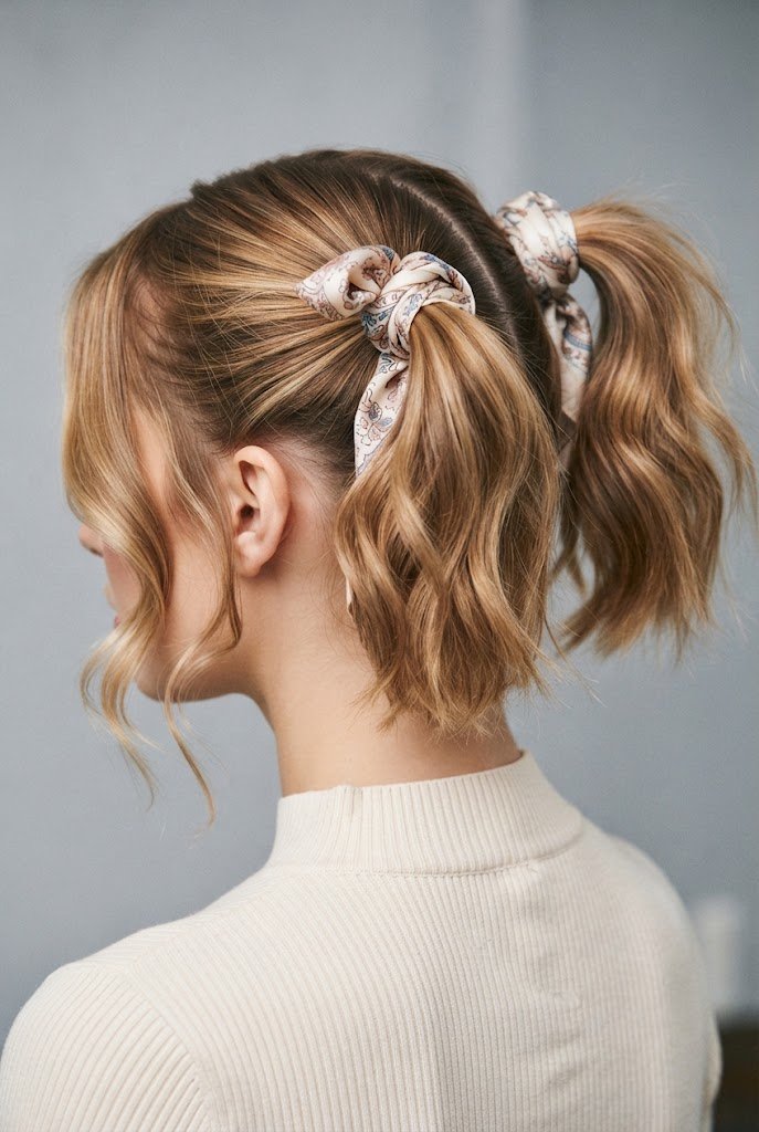 The Scarf-Wrapped Pigtail Bases — short hair two ponytails style outfit