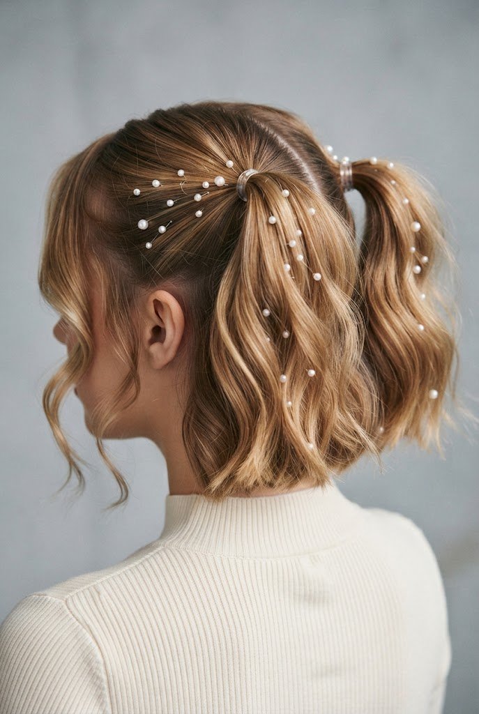 The Pearl-Embellished Twin Tails — short hair two ponytails style outfit