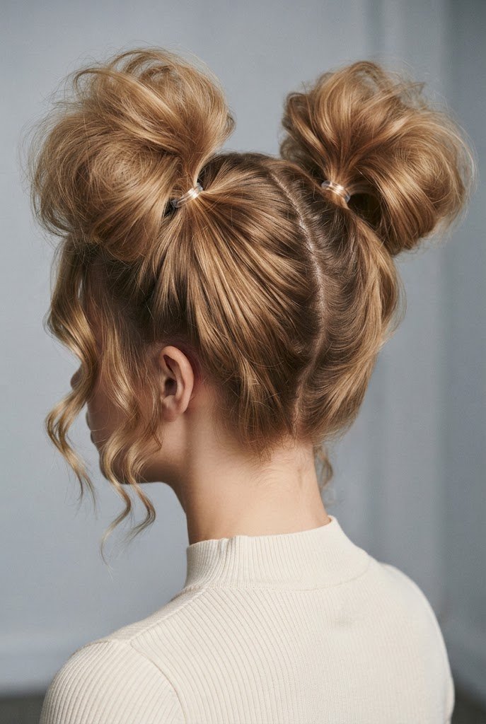 The High-Volume Teased Pigtails — short hair two ponytails style outfit