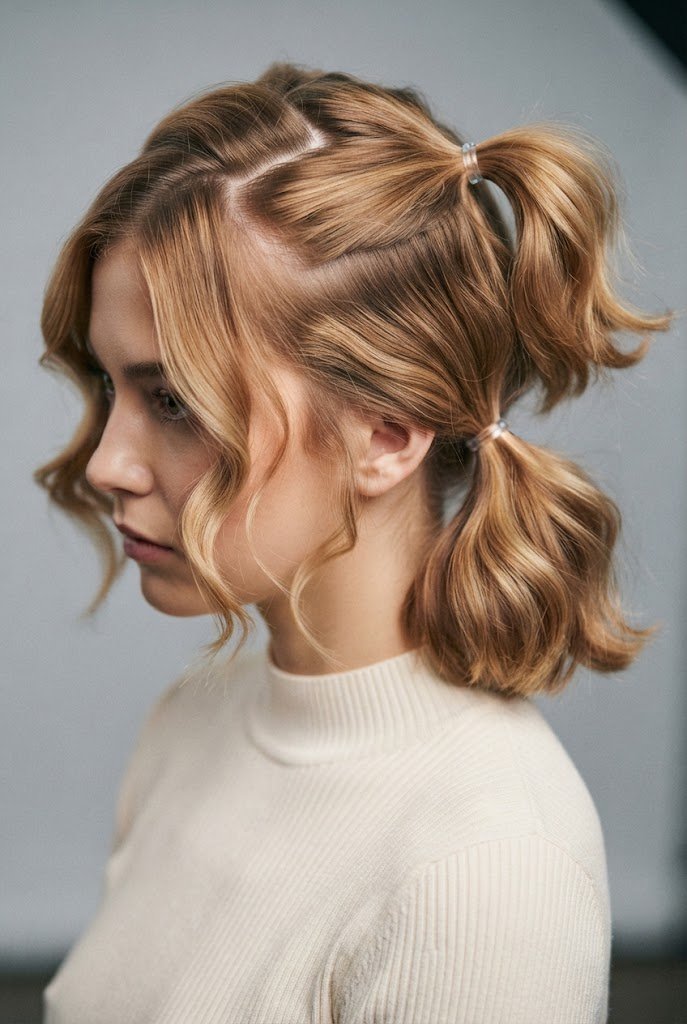 The Asymmetrical Side-Part Twins — short hair two ponytails style outfit