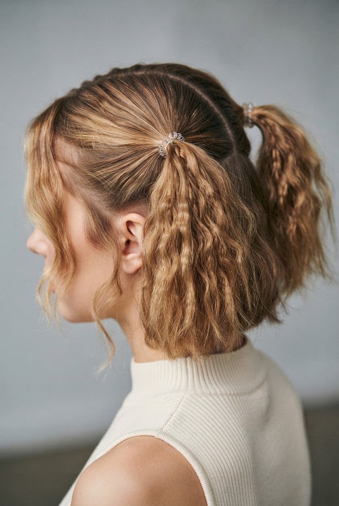 The Mini Braid-Out Pigtails — short hair two ponytails style outfit