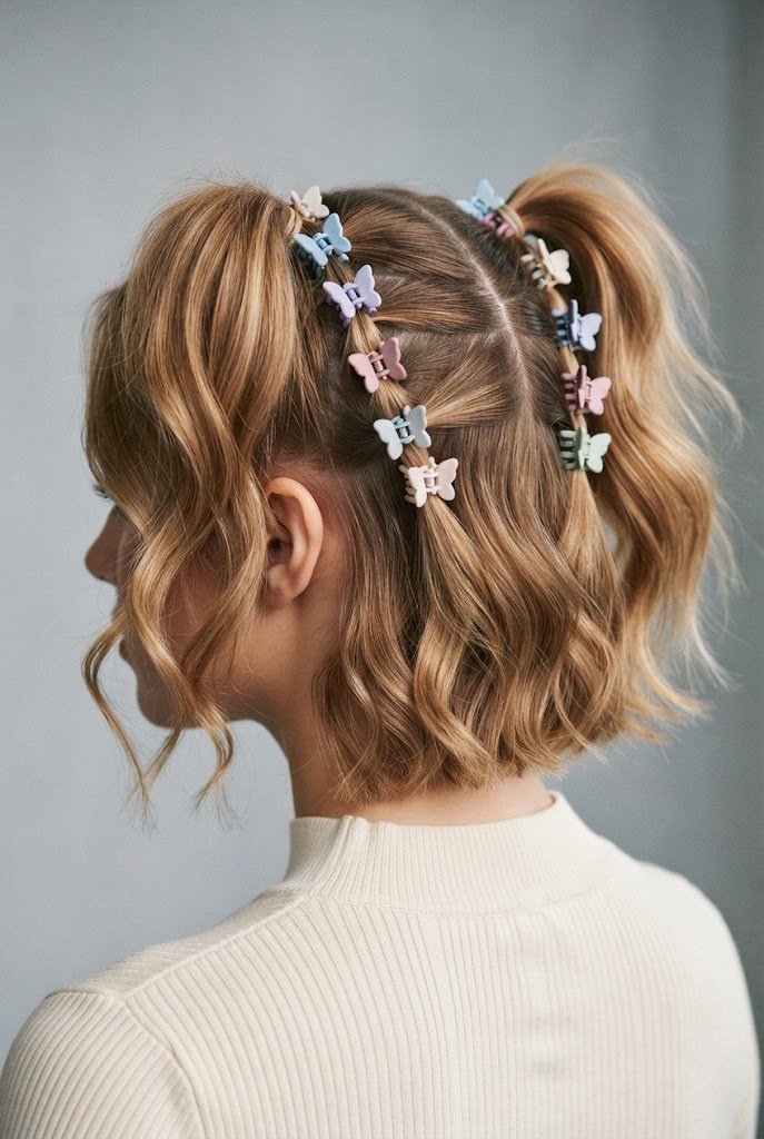 The Pastel Butterfly Clip Twins — short hair two ponytails style outfit