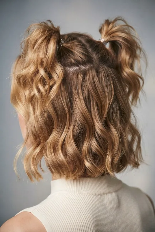 The Textured Half-Up Double Ponytails — short hair two ponytails style outfit