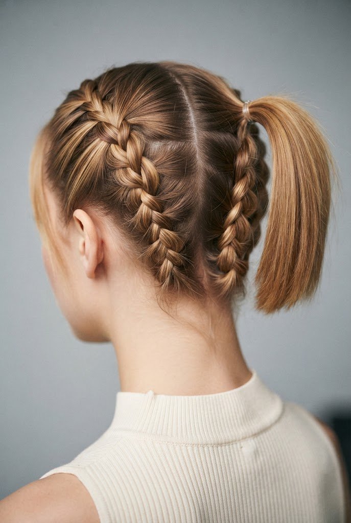 The Braided-Base Twin Ponies — short hair two ponytails style outfit