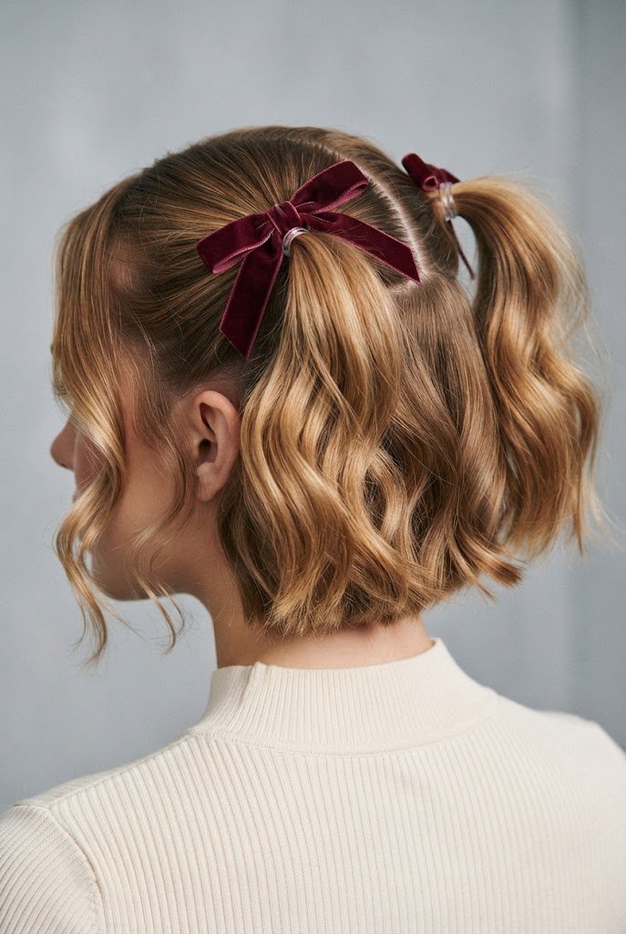 The Velvet Bow Accent Ponies — short hair two ponytails style outfit