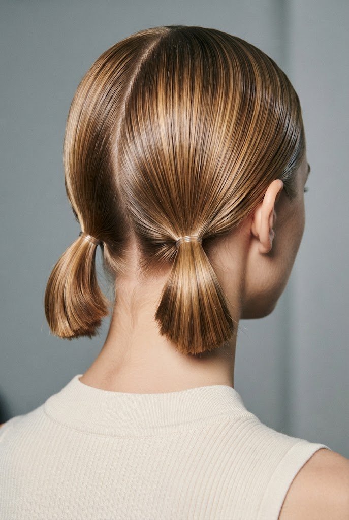 The Slicked-Back Wet Look Twins — short hair two ponytails style outfit