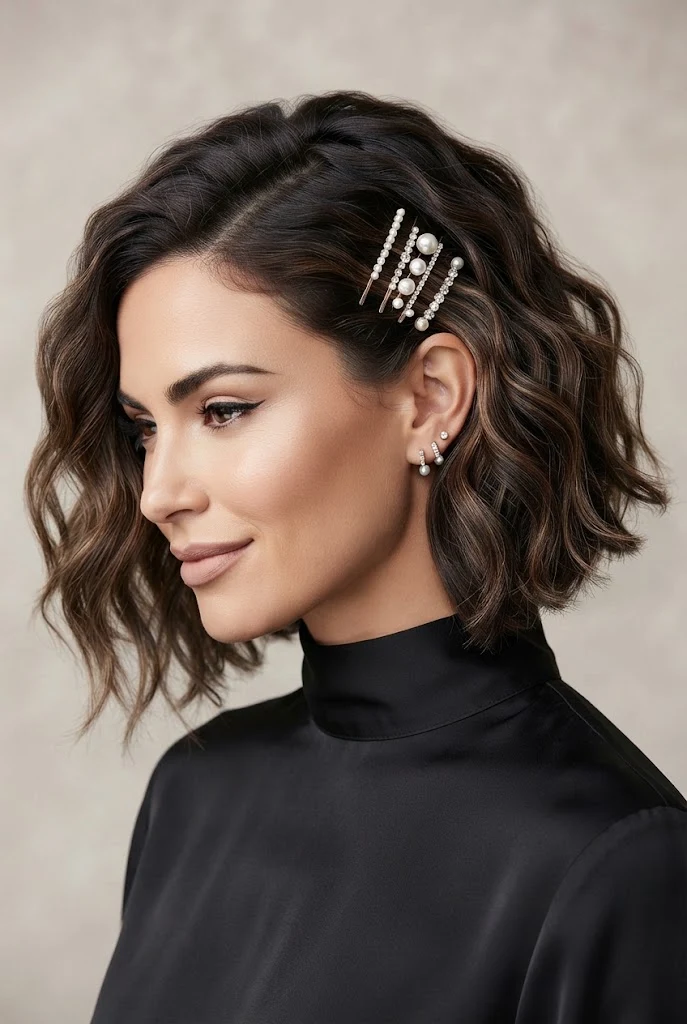 Tousled Asymmetrical Bob with Pearl Pins — Short hairstyle ideas style outfit