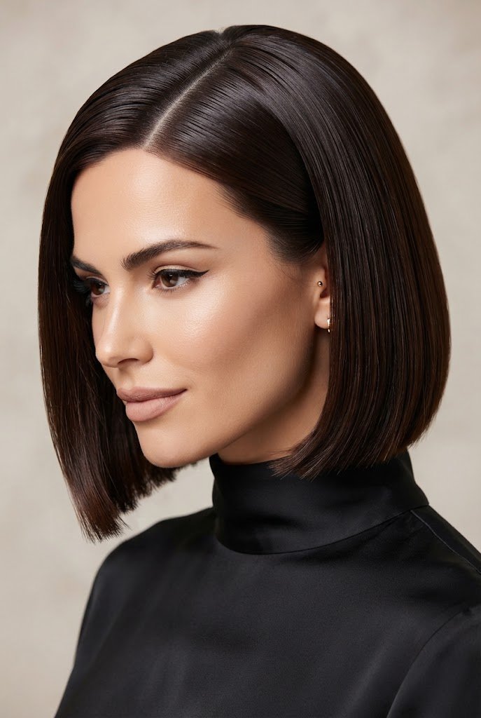 Wet-Look Slicked Bob — Short hairstyle ideas style outfit