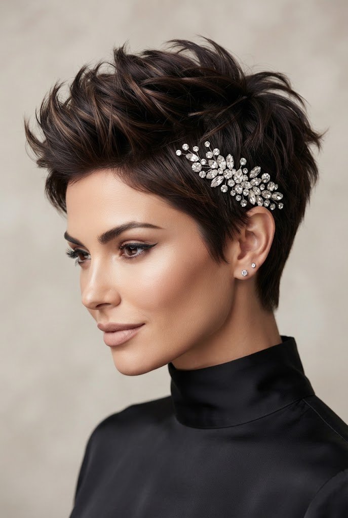 Textured Pixie with Crystal Pin Cluster — Short hairstyle ideas style outfit