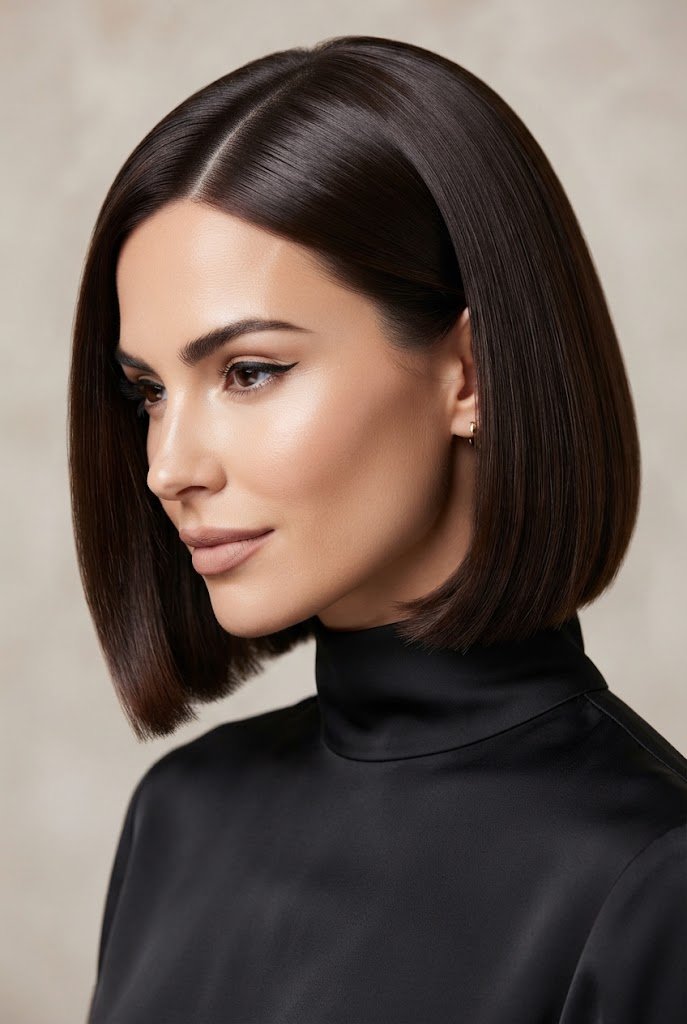 Sleek Glass-Finish French Bob — Short hairstyle ideas style outfit