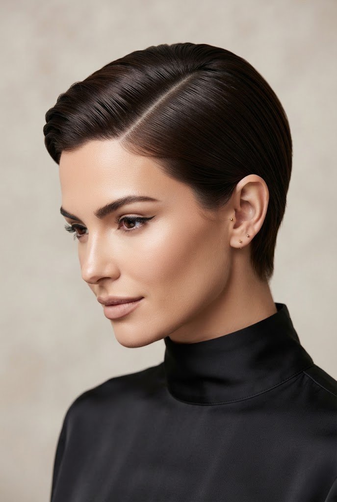 Polished Side-Parted Slick Crop — Short hairstyle ideas style outfit