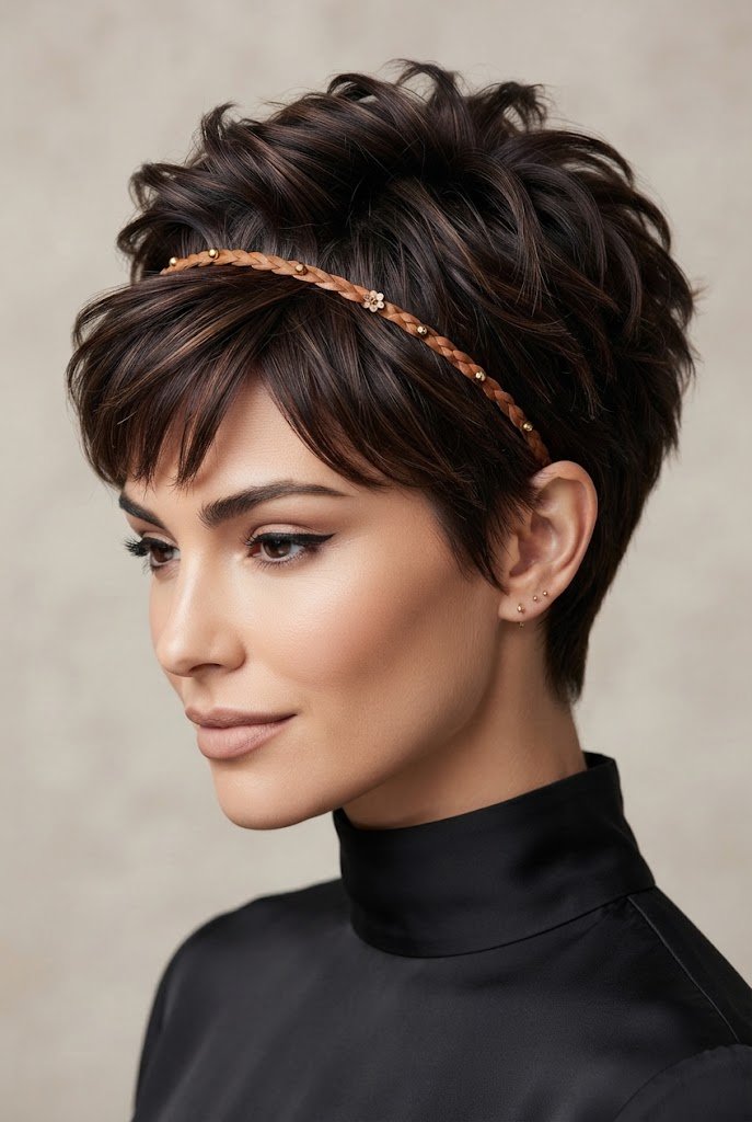 Textured Pixie with Headband Accent — Short hairstyle ideas style outfit