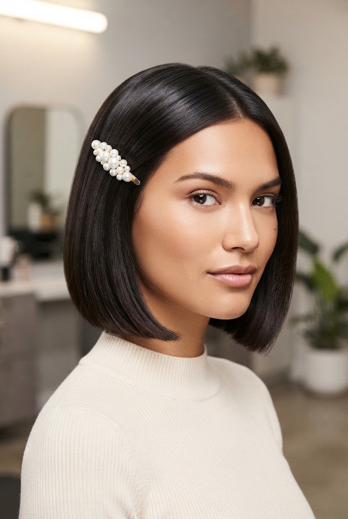 The Sculpted French Bob with Pearl Barrette — short hairstyles for a civil wedding style outfit