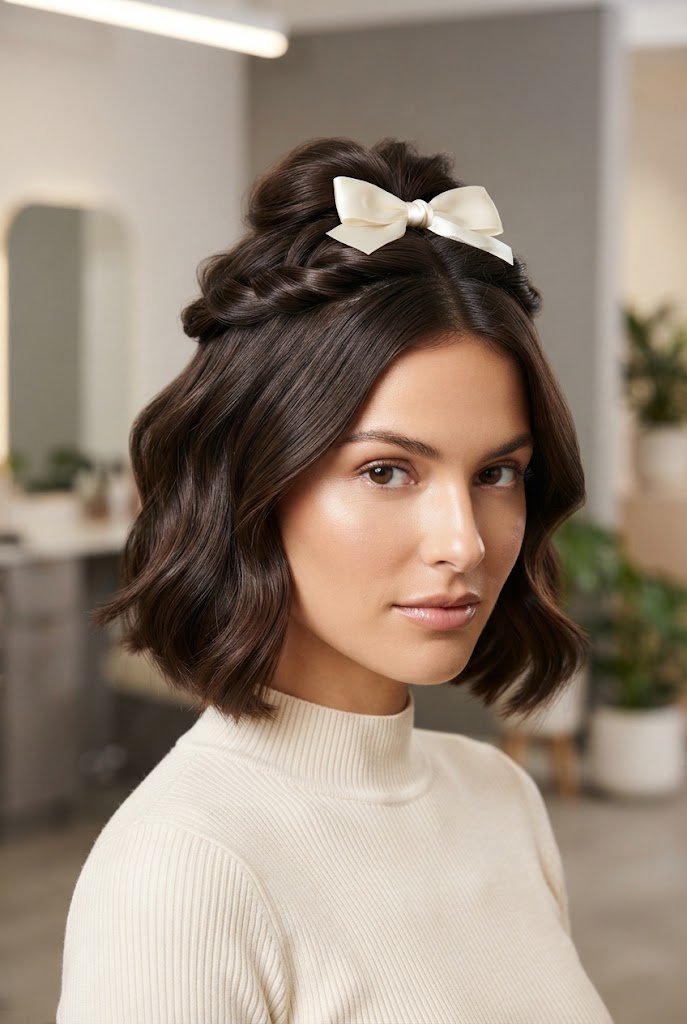 Half-Up Twists with Silk Bow — short hairstyles for a civil wedding style outfit