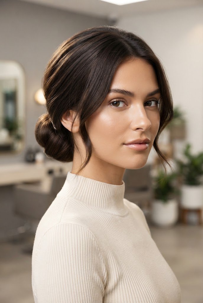 Elegant Low Chignon for Short Lobs — short hairstyles for a civil wedding style outfit