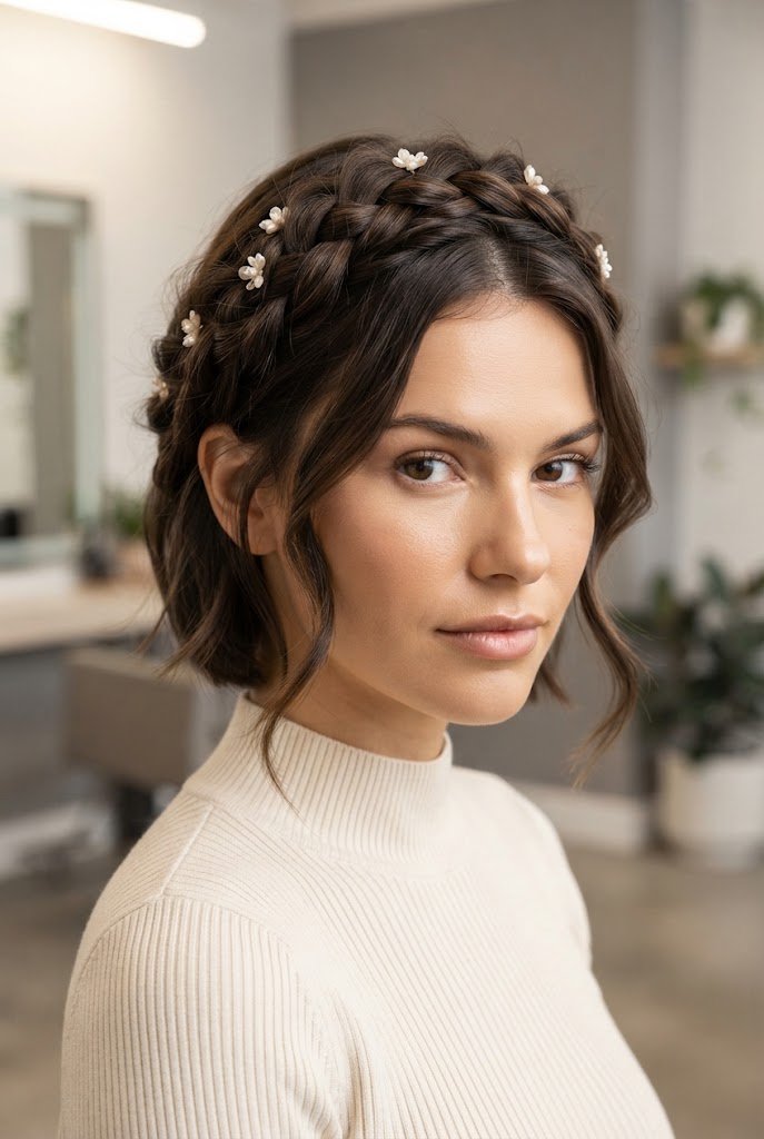 Romantic Braided Crown for Short Hair — short hairstyles for a civil wedding style outfit