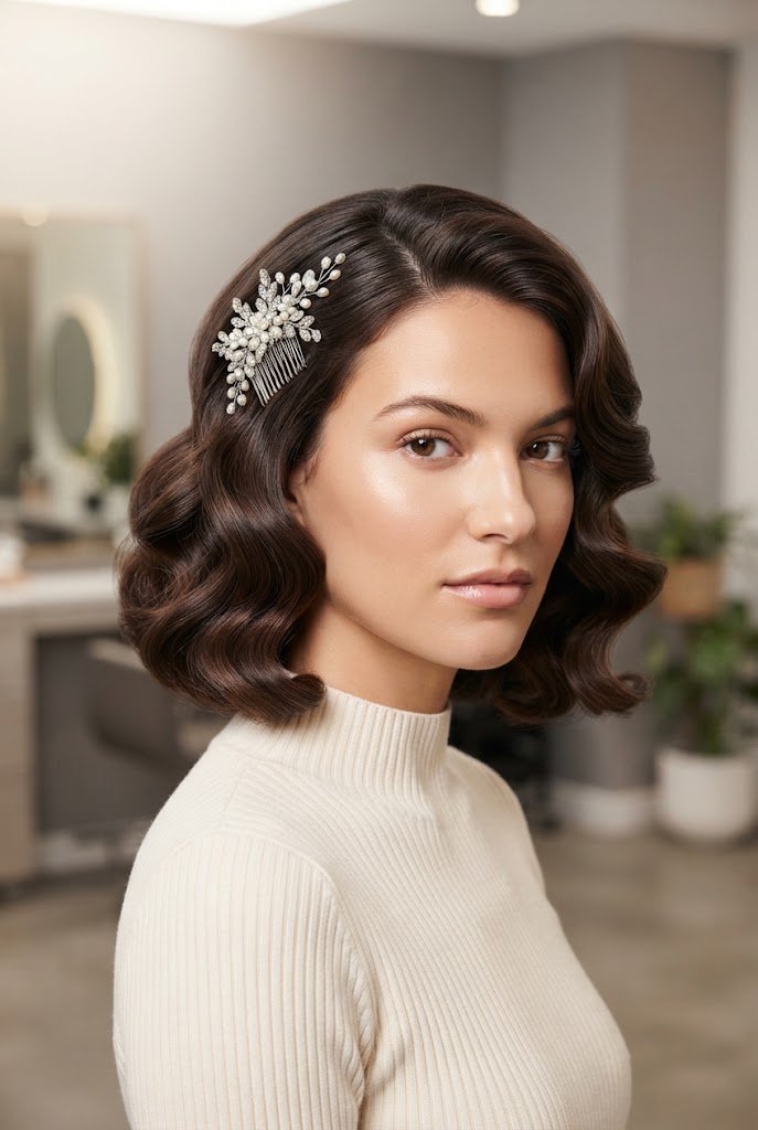 Glamorous Brushed-Out Curls with Comb — short hairstyles for a civil wedding style outfit