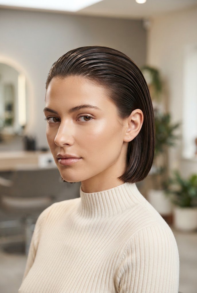 Modern Sleek Slick-Back Bob — short hairstyles for a civil wedding style outfit