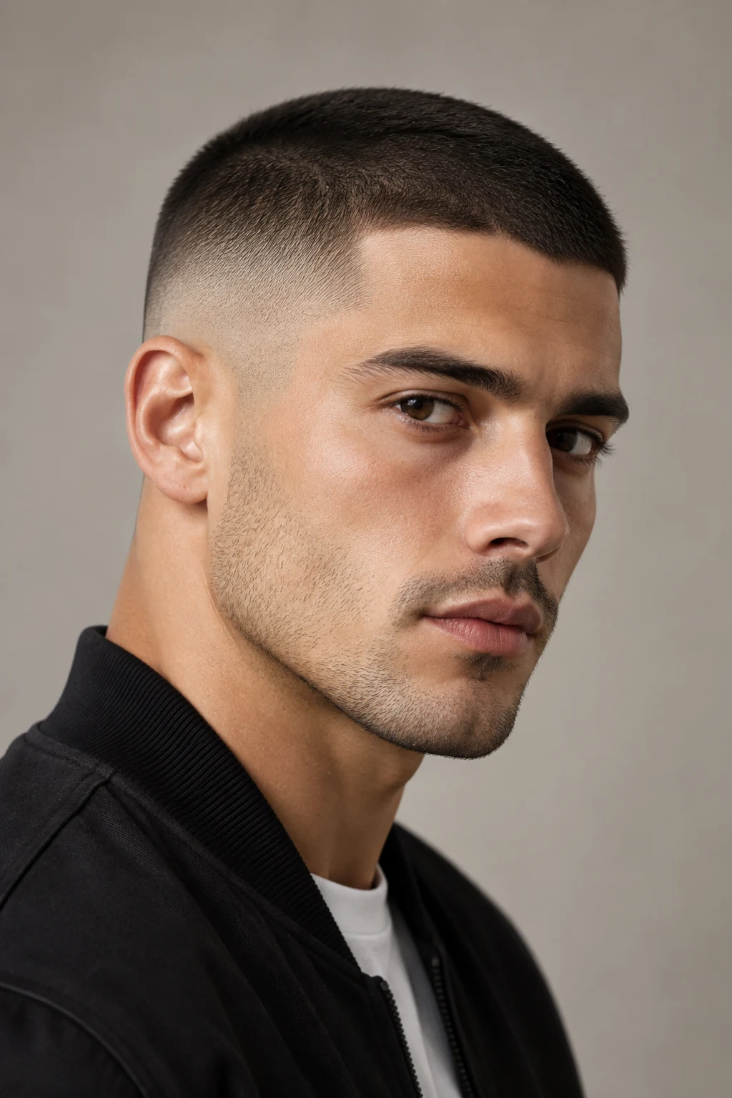 The Clean Buzz Fade — short hairstyles for men style outfit, worn by a stylish man