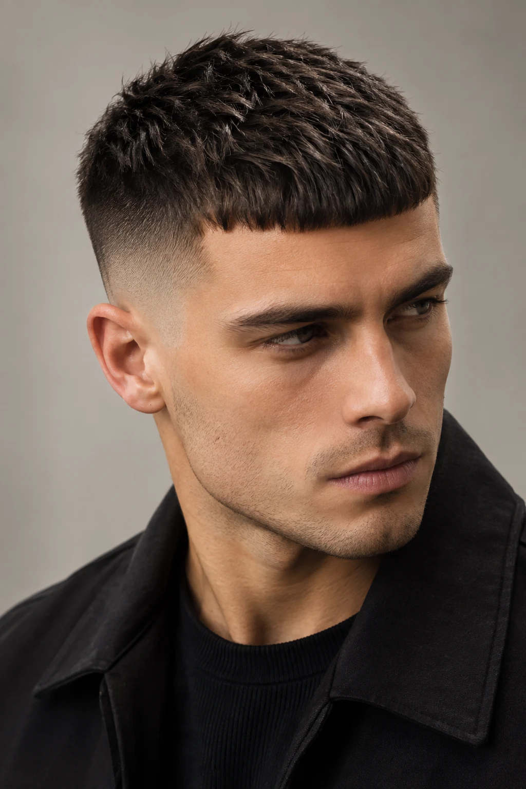 The Short Caesar — short hairstyles for men style outfit, worn by a stylish man