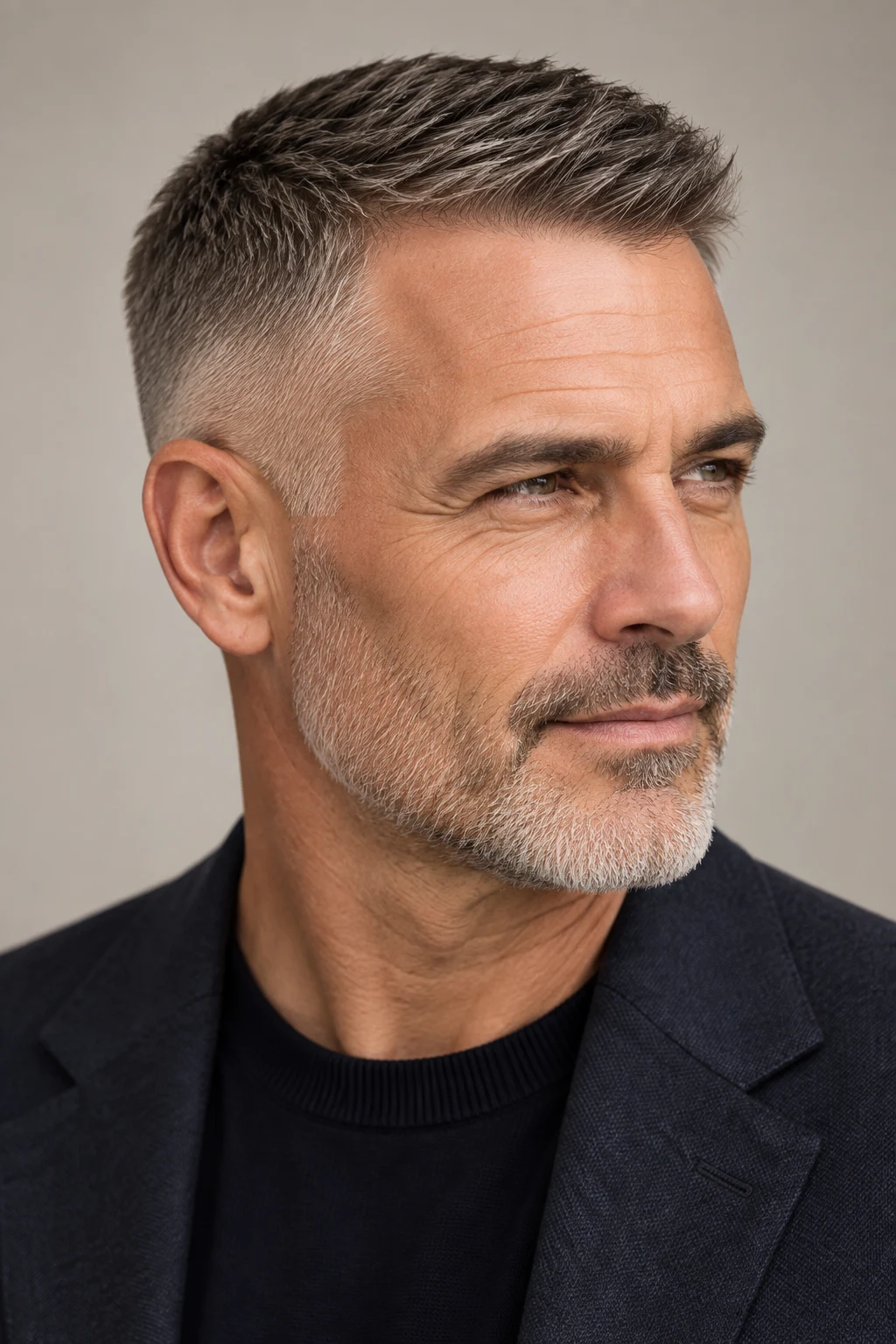 The Tapered Crew Cut for Men Over 50 — short hairstyles for men style outfit, worn by a stylish man