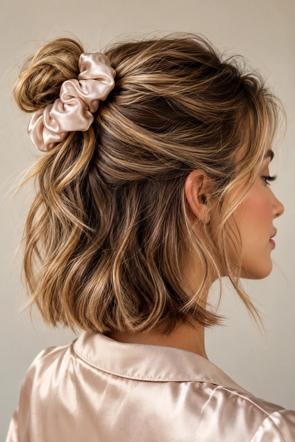 Silk Scrunchie Half-Up — short hairstyles for sleeping style outfit