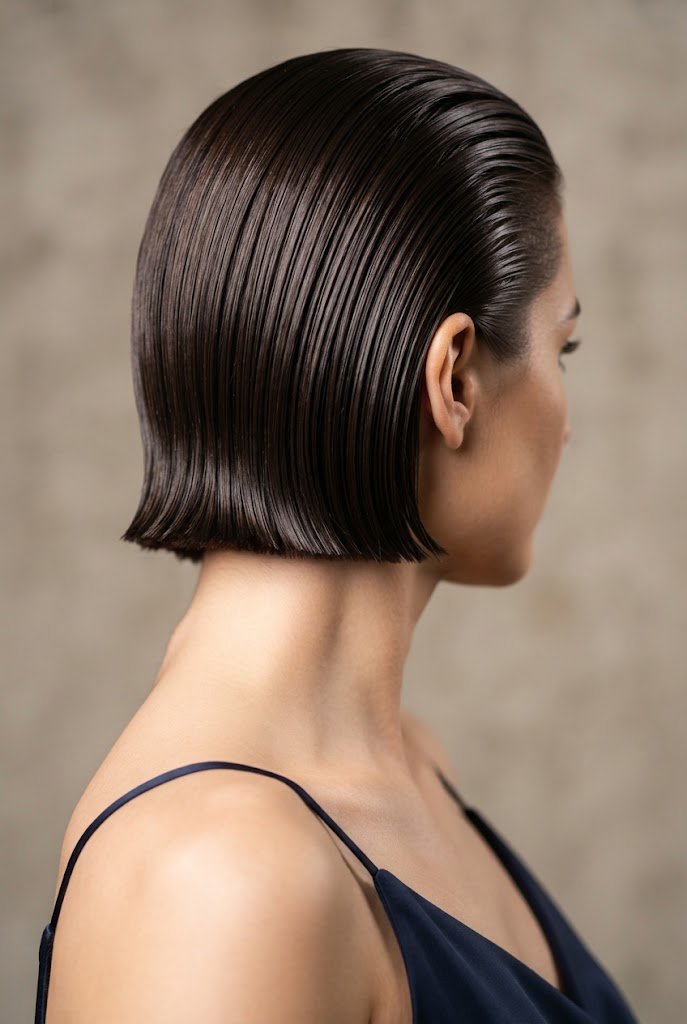 The Velvet Wet-Look Slick Bob — short hairstyles for wedding guests style outfit