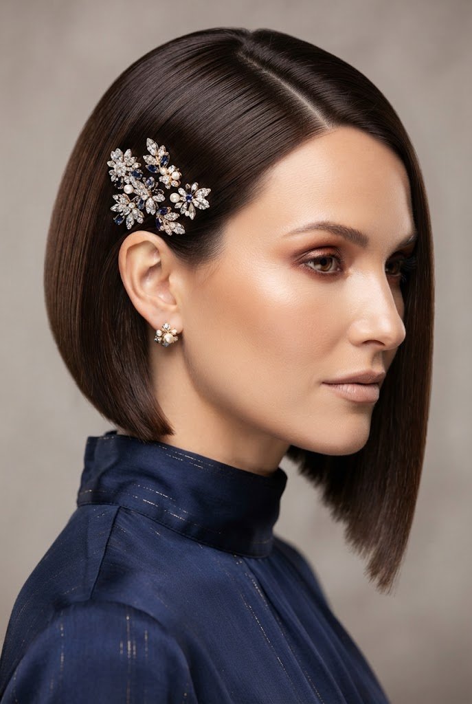 Sleek Asymmetrical Bob with Bejeweled Clips — short hairstyles for wedding guests style outfit