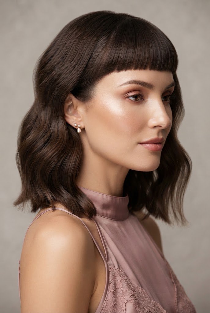 Micro-Bangs with Soft Tucked Waves — short hairstyles for wedding guests style outfit