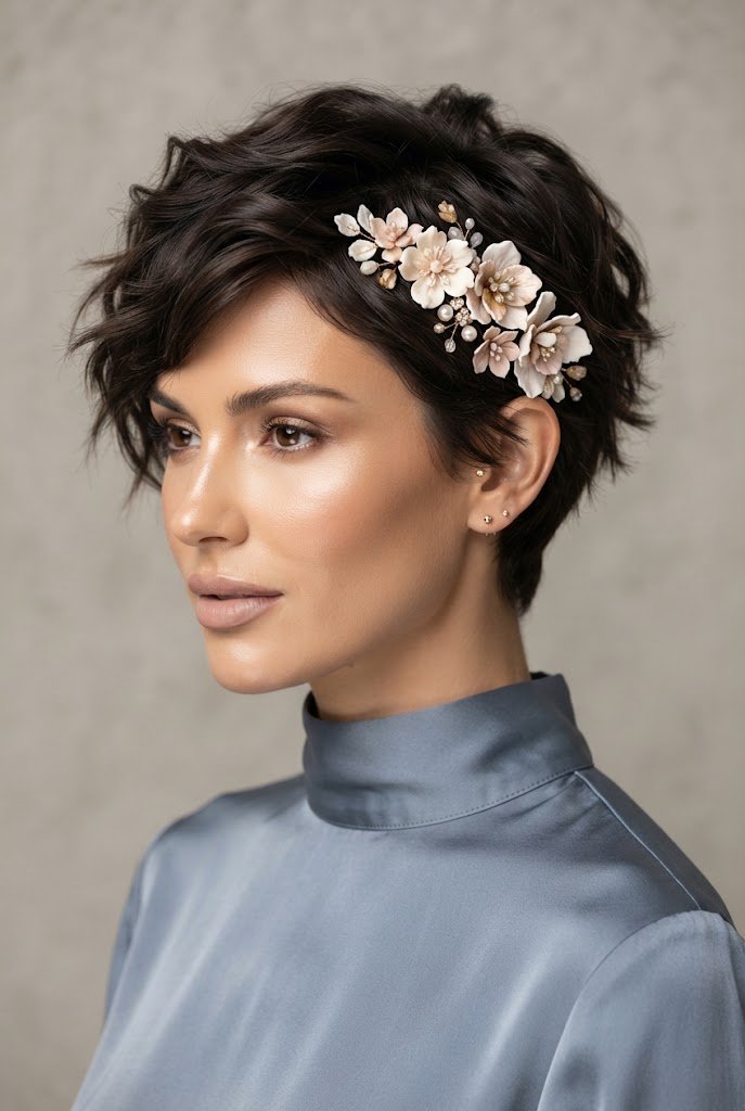Tousled Pixie with Statement Floral Pins — short hairstyles for wedding guests style outfit