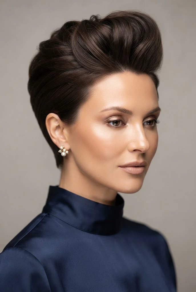 The Modern Pompadour Up-Sweep — short hairstyles for wedding guests style outfit